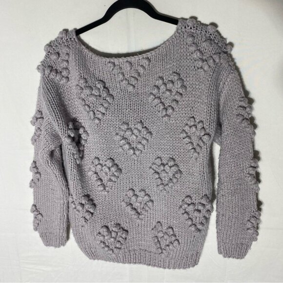 Chicwish Handmade Purple Grey V Neck Textured Bubble Knit Hearts Sweater M - Picture 2 of 15